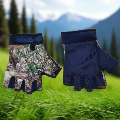 A pair of camouflage patterned gloves with a half-finger design, featuring a solid black color on the back.