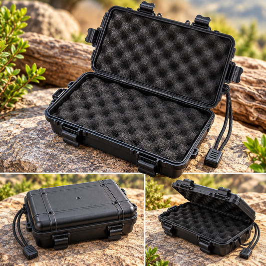 Empty survival-kit storage case with foam insert, approximately 18 by 11.5 by 4.5 cm