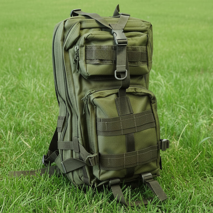 Green tactical backpack on a white surface with a wooden background