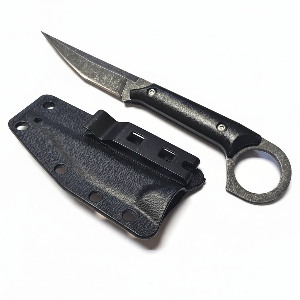 Black folding knife with sheath on a white background