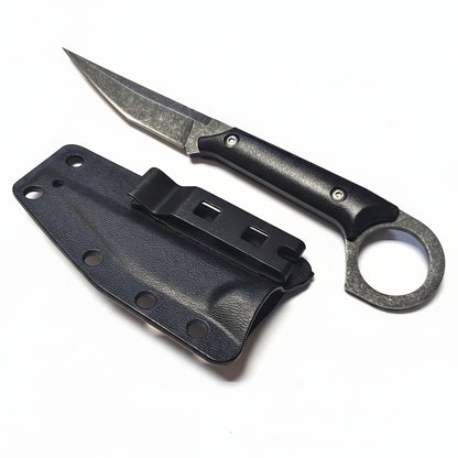 Black folding knife with sheath on a white background