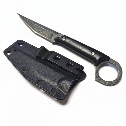 Black folding knife with sheath on a white background