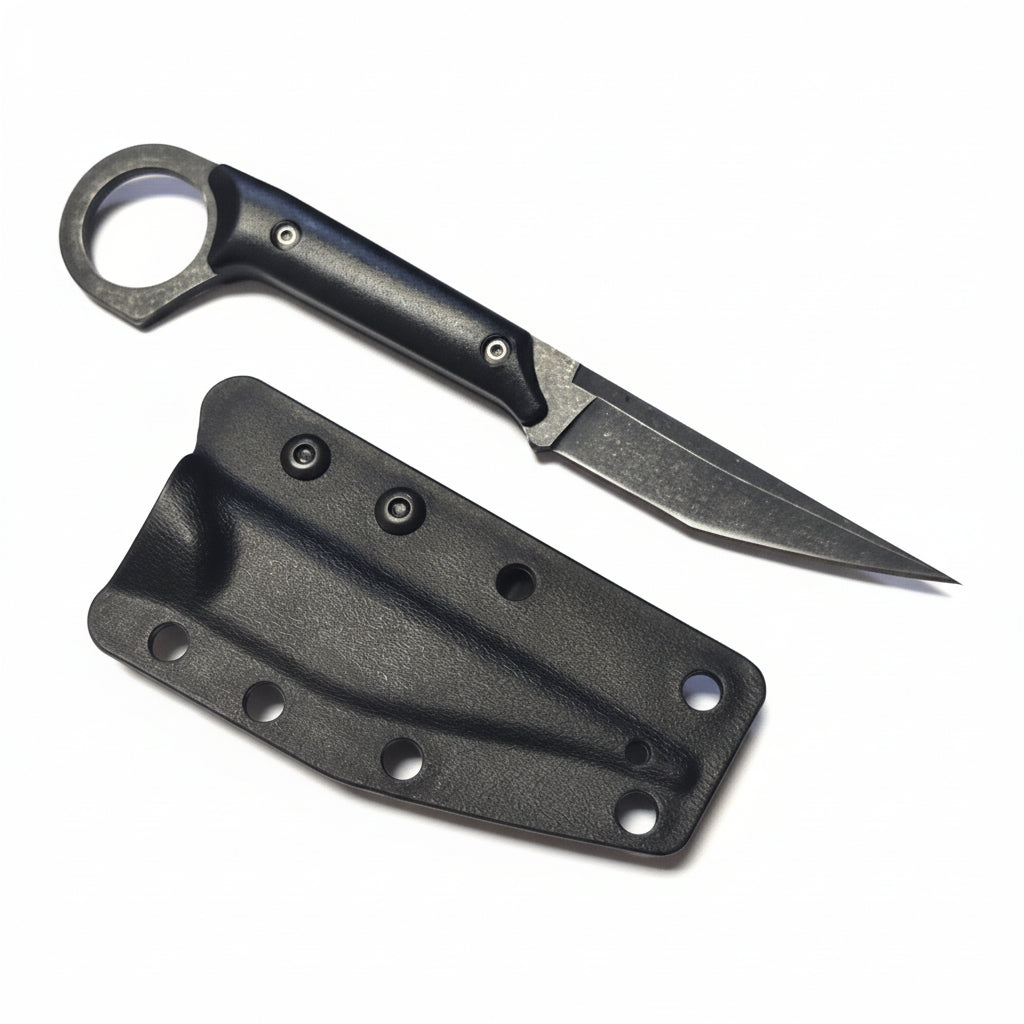 Black knife with sheath on a white background