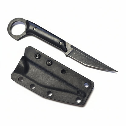 Black knife with sheath on a white background