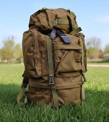 Brown backpack with visible brand tags on a wooden chair against a white wall.