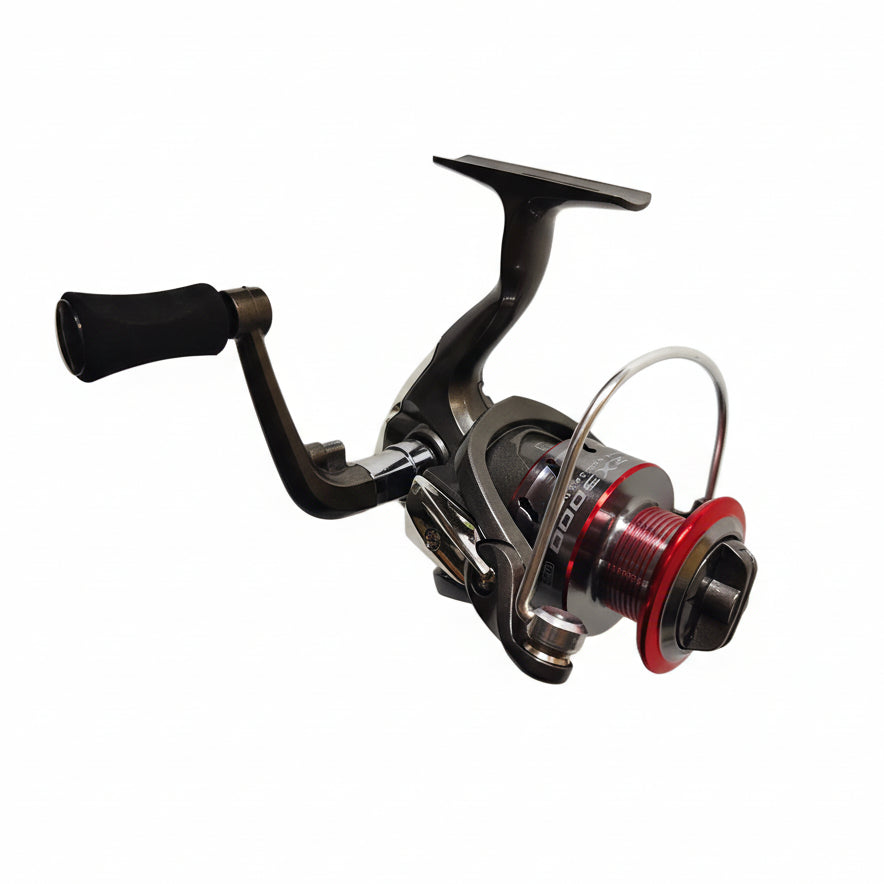 Fishing reel with black and red design on a white background