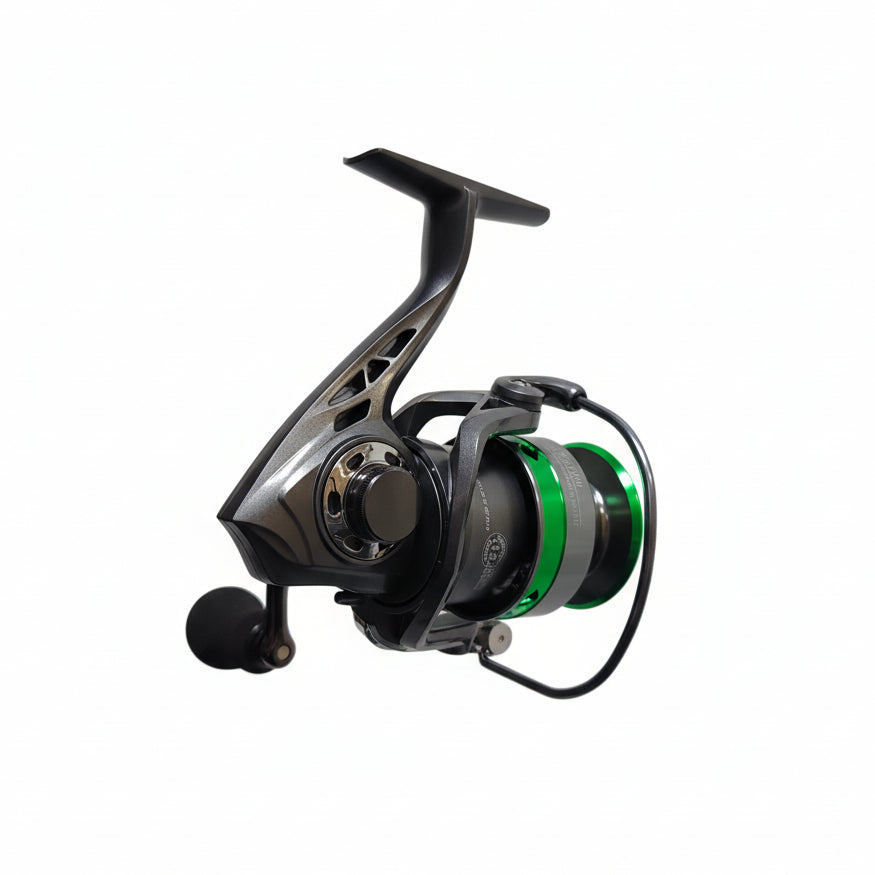 Fishing reel with green accents on a white background