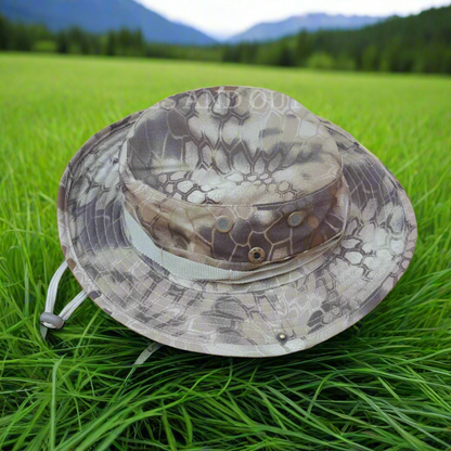 Camouflage-patterned bucket hat on a beige background