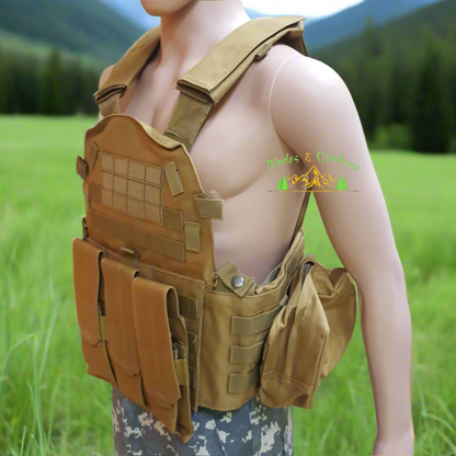 A person wearing a brown tactical vest with multiple pouches and molle attachments.