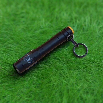 Black flashlight with a keychain on green grass