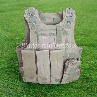 Tan tactical vest on a grassy background with 'Blades and Outdoor' branding.