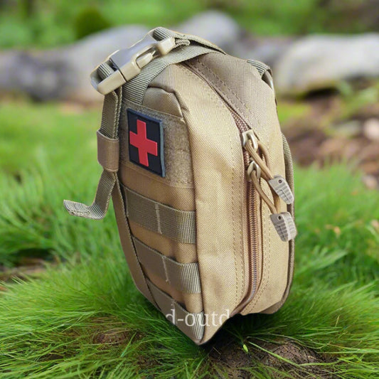 Khaki tactical pouch with a red cross on a gray background