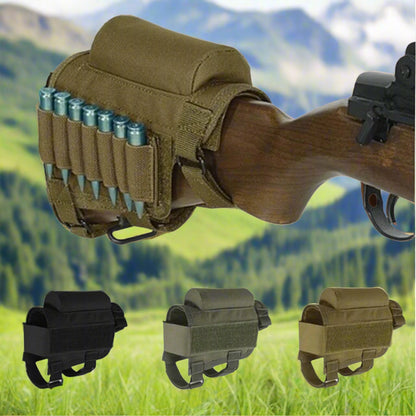 Cheek rest pouches in black and khaki colors, designed to hold rounds on a rifle stock