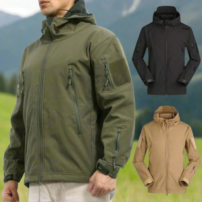 Three Soft Shell jackets in different colors: green, black, and beige. Each jacket has multiple zippers and a hood.