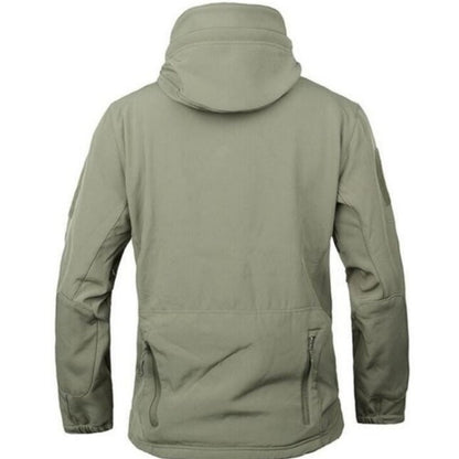 Soft Shell jacket. Jacket has multiple zippers and a hood.