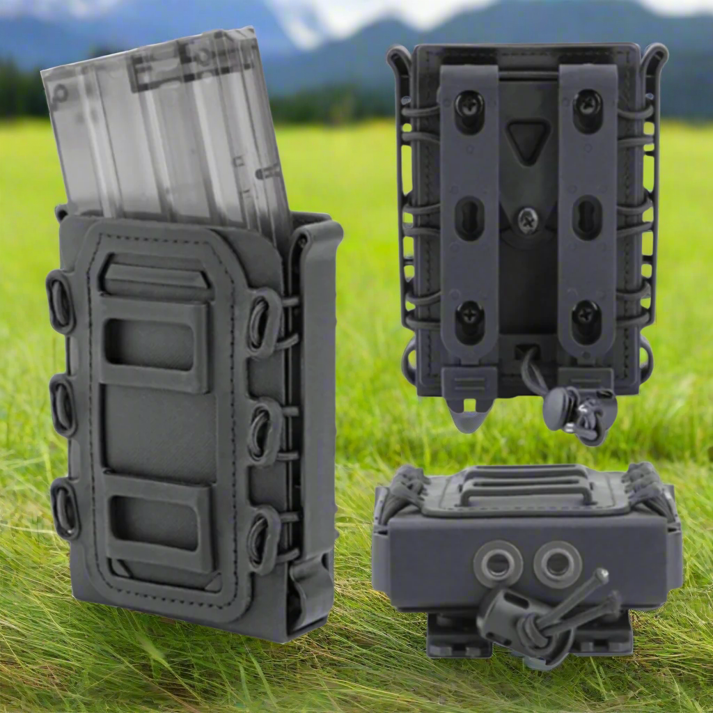 A black adjustable magazine pouch for AR/AK style rifles.