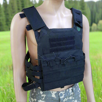 A black tactical bulletproof plate carrier vest on a mannequin torso, featuring multiple pouches and a MOLLE system on the front and back.