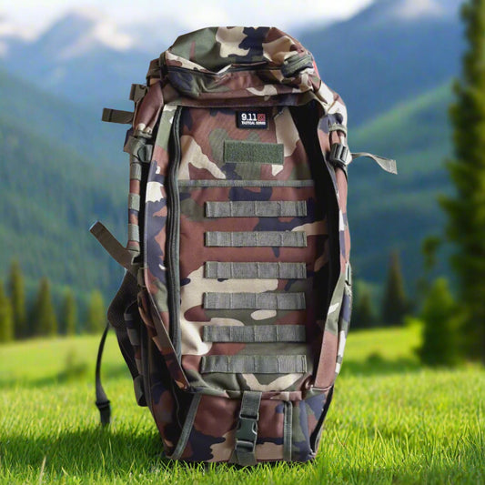A hunting backpack in beige, green, and black colors, displayed from multiple angles showing the front, side, and back. The backpacks have multiple compartments and are equipped with adjustable straps.
