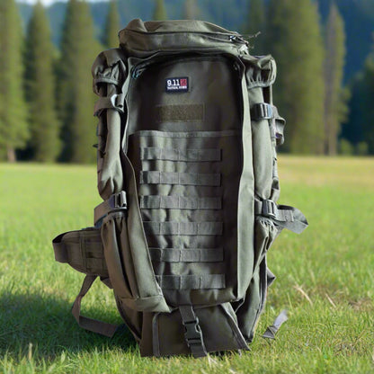 A hunting backpack in beige, green, and black colors, displayed from multiple angles showing the front, side, and back. The backpacks have multiple compartments and are equipped with adjustable straps.
