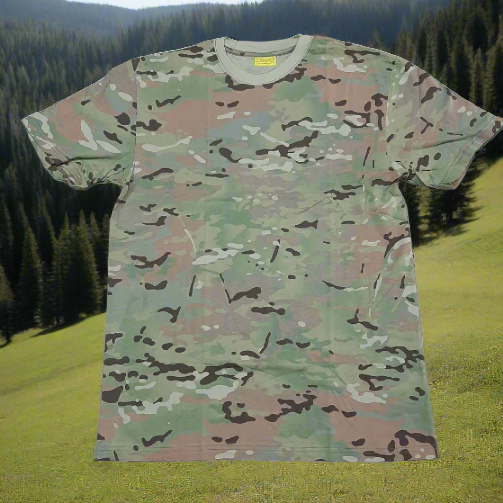 T shirt is in a camouflage pattern