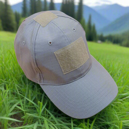 Khaki cap with patches on a beige background