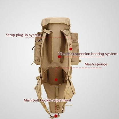 A hunting backpack in beige, green, and black colors, displayed from multiple angles showing the front, side, and back. The backpacks have multiple compartments and are equipped with adjustable straps.
