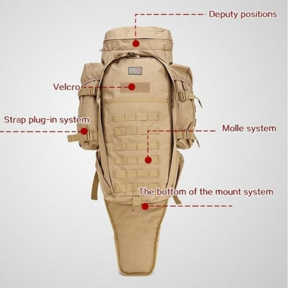A hunting backpack in beige, green, and black colors, displayed from multiple angles showing the front, side, and back. The backpacks have multiple compartments and are equipped with adjustable straps.