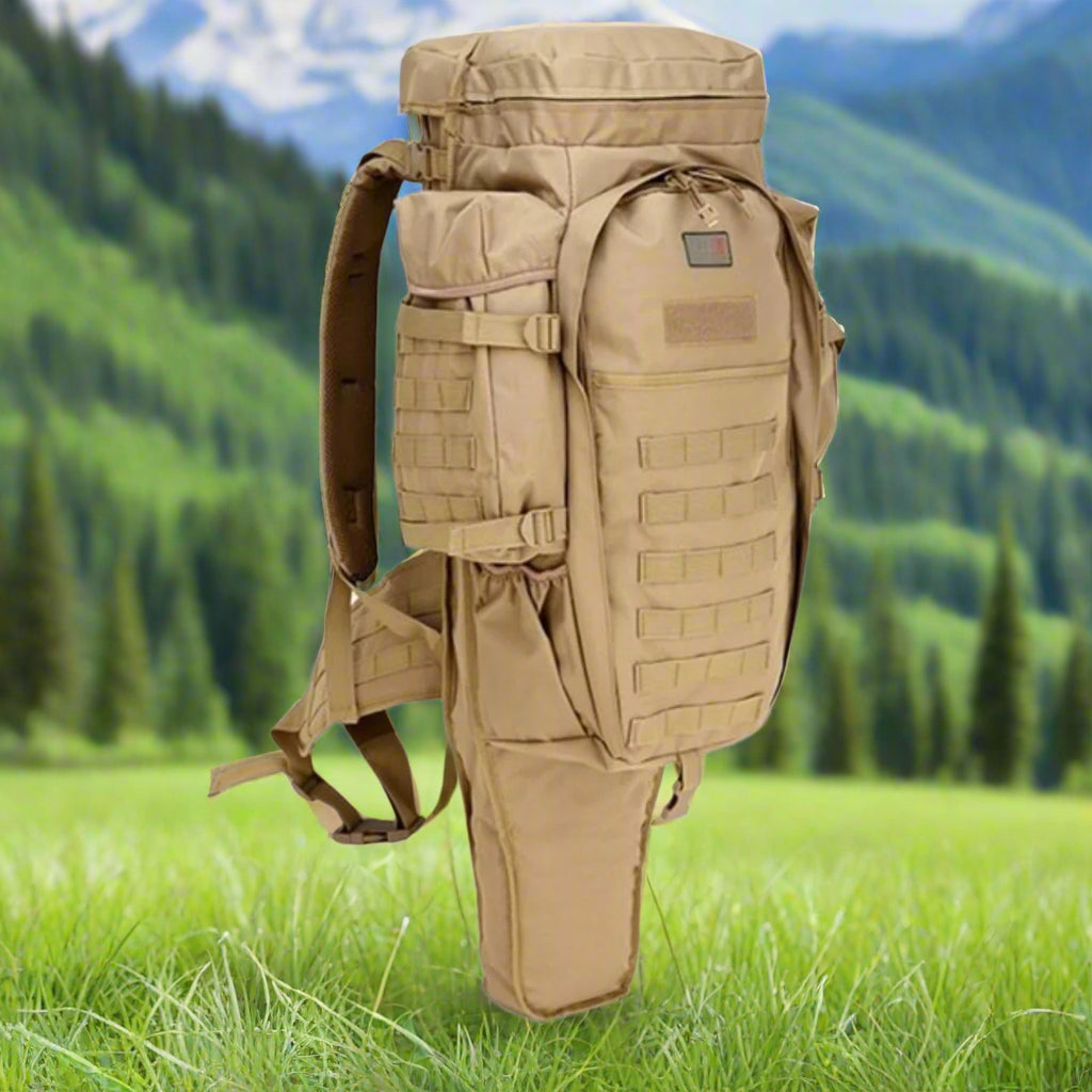 A hunting backpack in beige, green, and black colors, displayed from multiple angles showing the front, side, and back. The backpacks have multiple compartments and are equipped with adjustable straps.