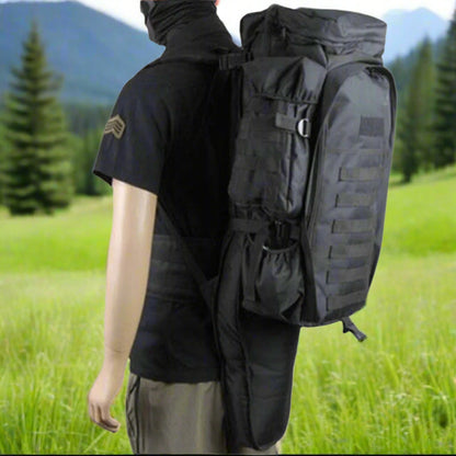 A hunting backpack in beige, green, and black colors, displayed from multiple angles showing the front, side, and back. The backpacks have multiple compartments and are equipped with adjustable straps.