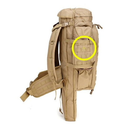 A hunting backpack in beige, green, and black colors, displayed from multiple angles showing the front, side, and back. The backpacks have multiple compartments and are equipped with adjustable straps.