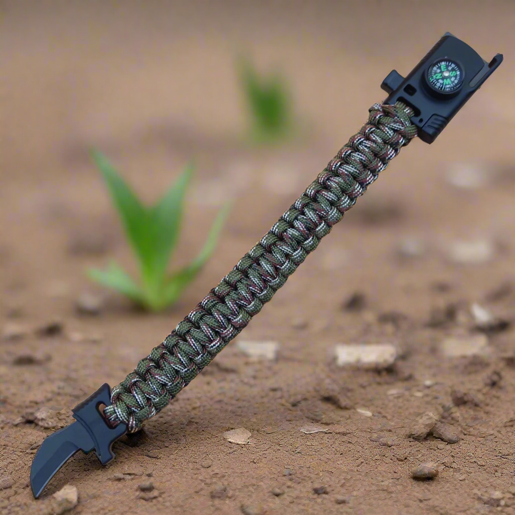 Paracord bracelet with knife and compass on a sandy background