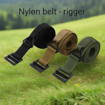 Three nylon belts with steel buckles, displayed in black, brown, and green colors, coiled and presented vertically.