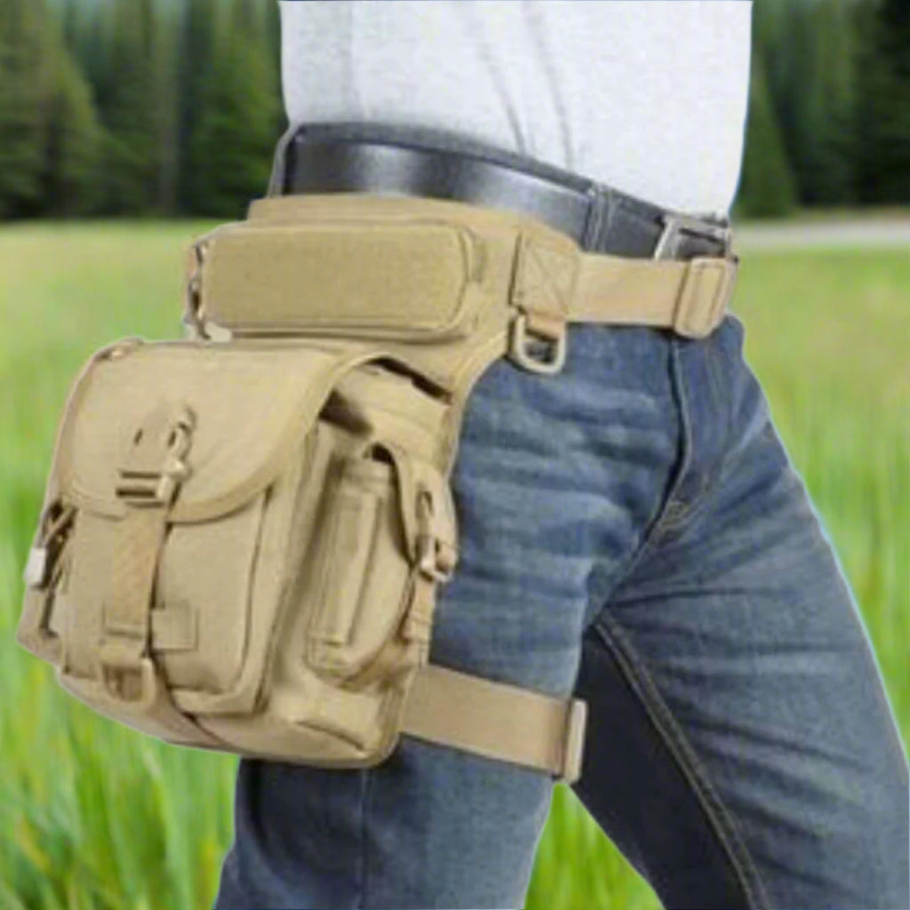 A person wearing a beige thigh pouch with adjustable straps and side zippered pockets.